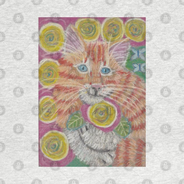 Ginger orange cat yellow flowers by SamsArtworks